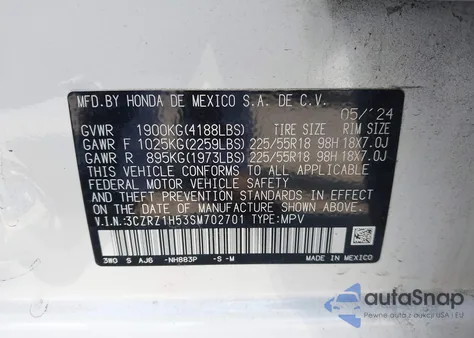 2025 Honda Hr-V Sport from USA, damaged, VIN 3CZRZ1H53SM702701